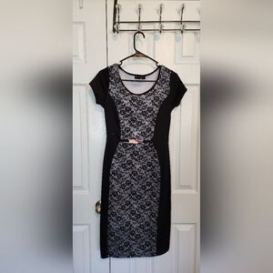 Woman's Optical Illusion Hour Glass Bodycon Dress Lace Gold Details